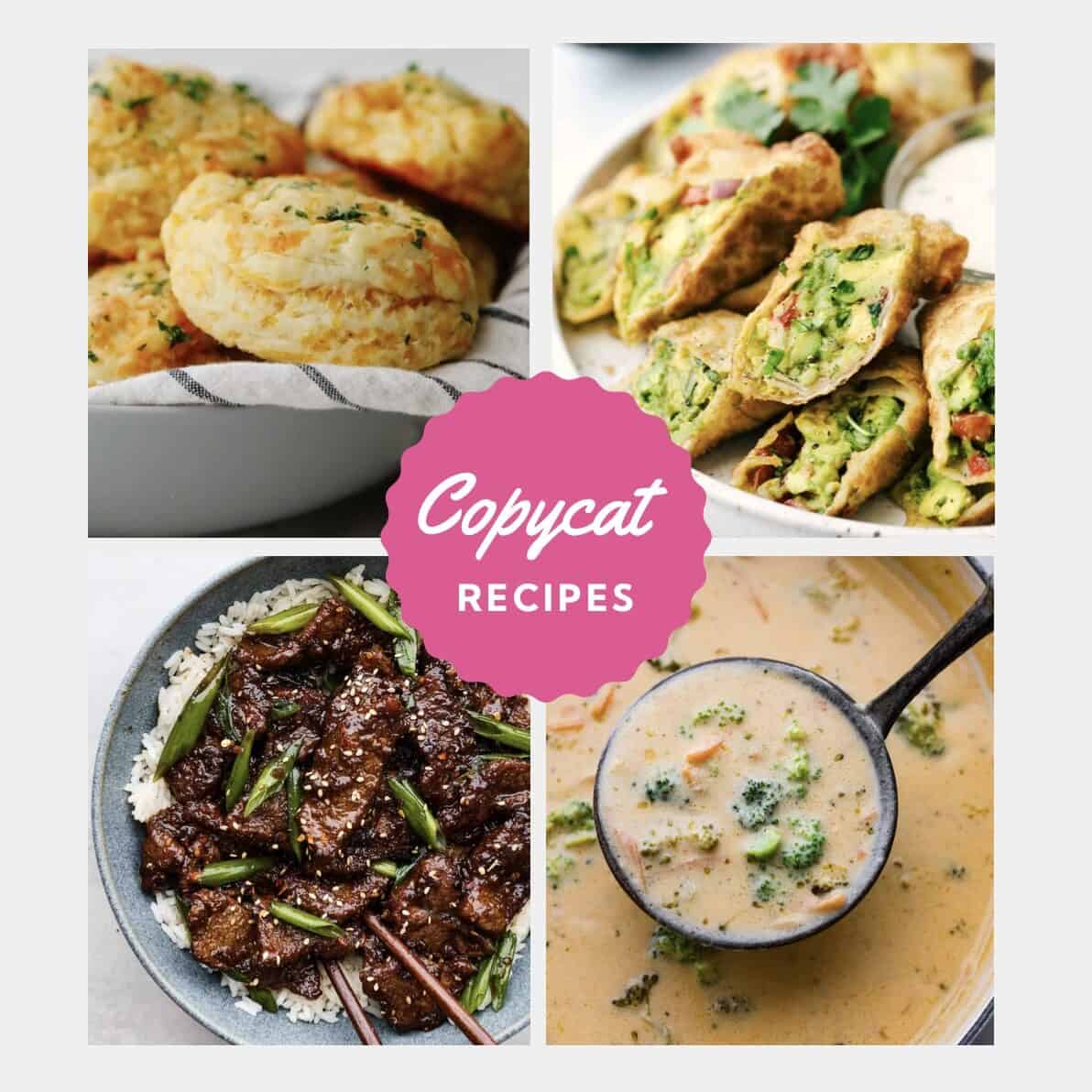 Dinner decisions = exhausting. These free printable recipe ebooks are packed with my go-to recipes — the ones I make on repeat. Quick dinners, seasonal treats, family favorites, even dessert. Just print, save, and use whenever you need ideas fast. Copycat Recipes Ebook graphic.