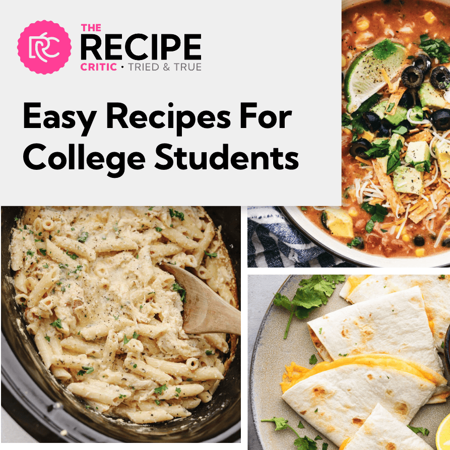 Dinner decisions = exhausting. These free printable recipe ebooks are packed with my go-to recipes — the ones I make on repeat. Quick dinners, seasonal treats, family favorites, even dessert. Just print, save, and use whenever you need ideas fast. Easy Recipes for College Students graphic.